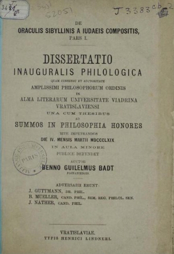 De Oraculis Sibyllinis a Judaeis compositis. Pars I., Disseratatio Inauguralis Philologica...